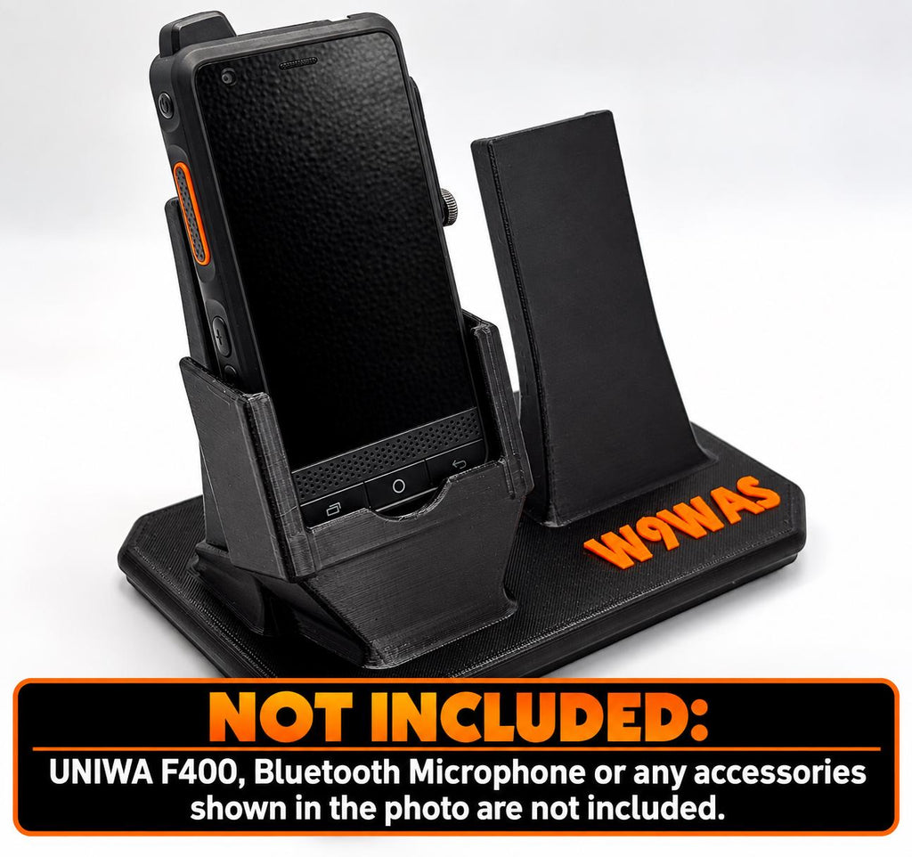 UNIWA F400 desk stand with speaker mic holder – front view with phone and mic