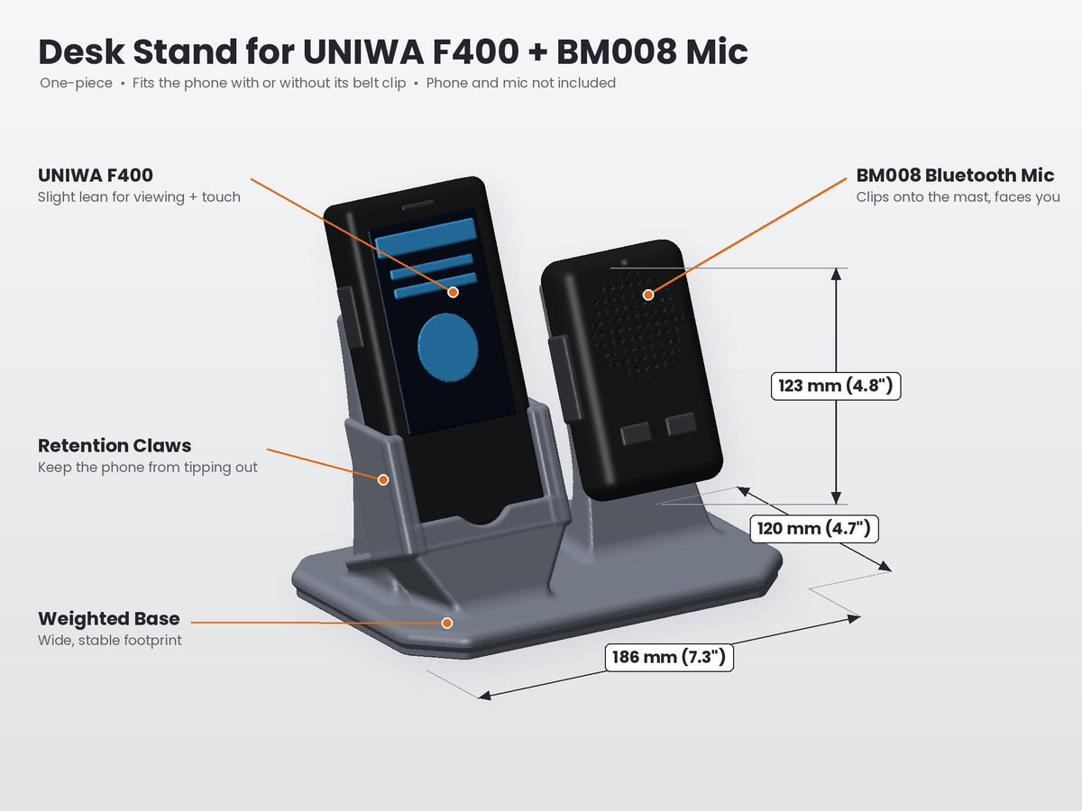UNIWA F400 desk stand with speaker mic holder – labeled features diagram