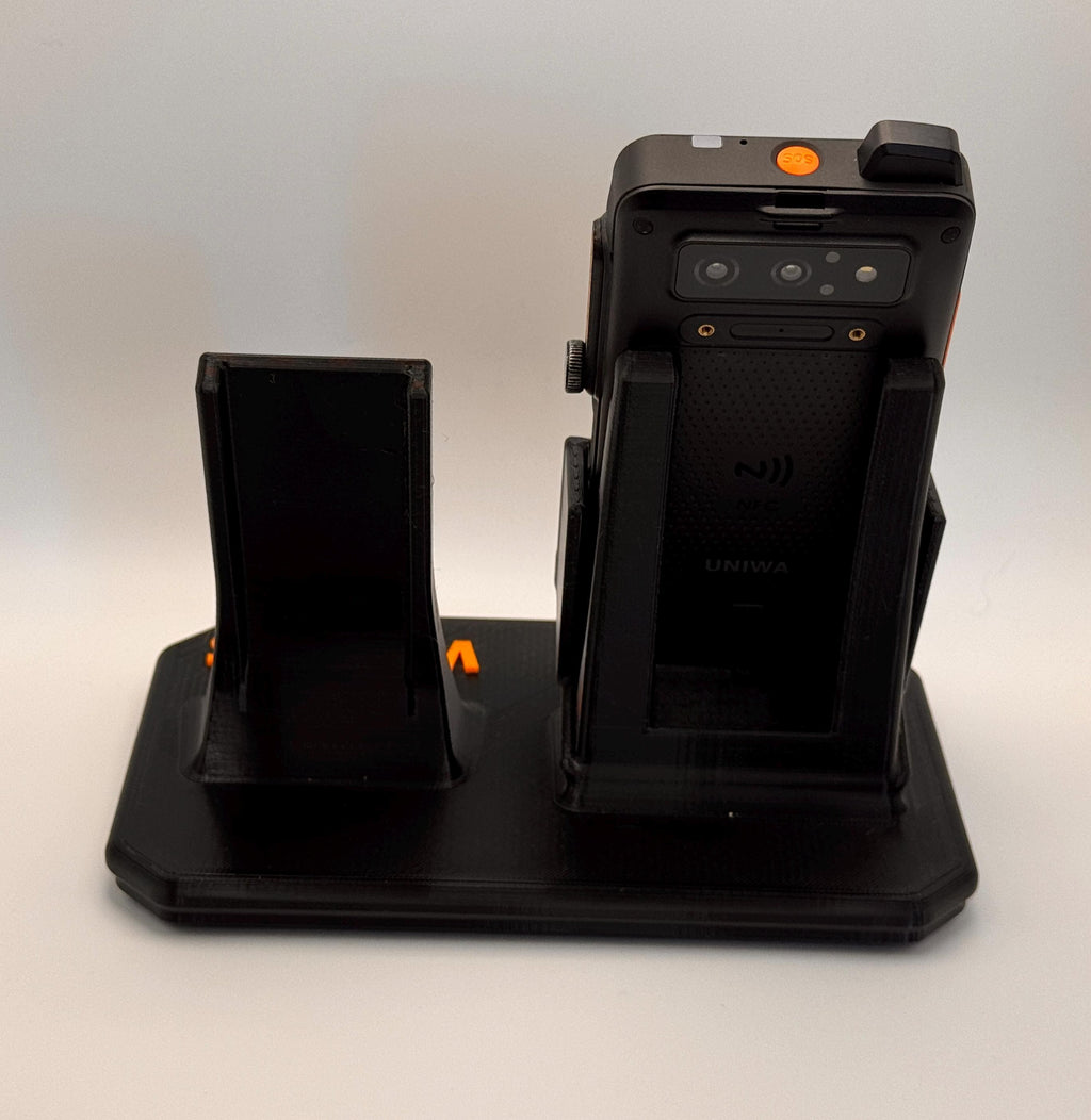 UNIWA F400 desk stand with speaker mic holder – phone and mic rear view