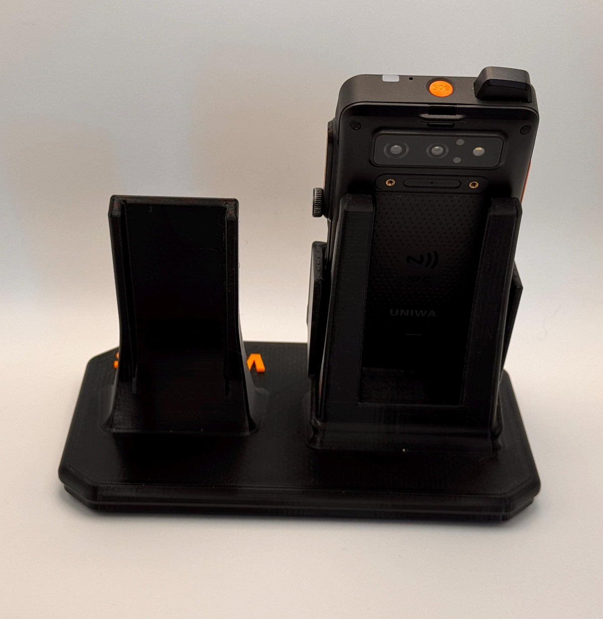 UNIWA F400 desk stand with speaker mic holder – phone and mic rear view