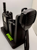 Yaesu FT5D desk stand with custom callsign – with radio and speaker mic angled